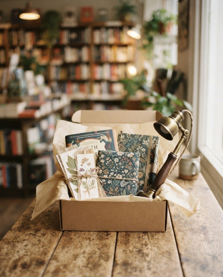 Caja regalo para lectores con libro, cuaderno ilustrado y marcapáginas