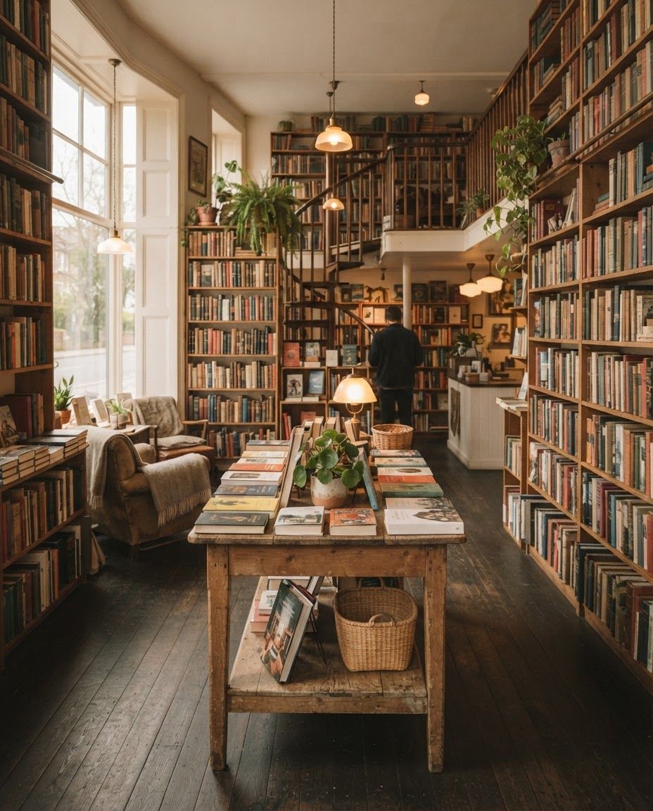 Interior de una librería con estanterías de madera y luz natural