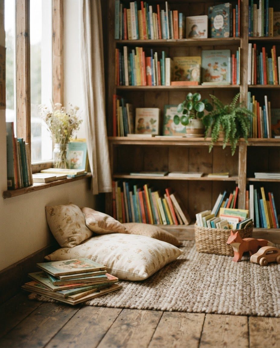 Estanterías con libros para niños de todas las edades y rincón de lectura con cojines