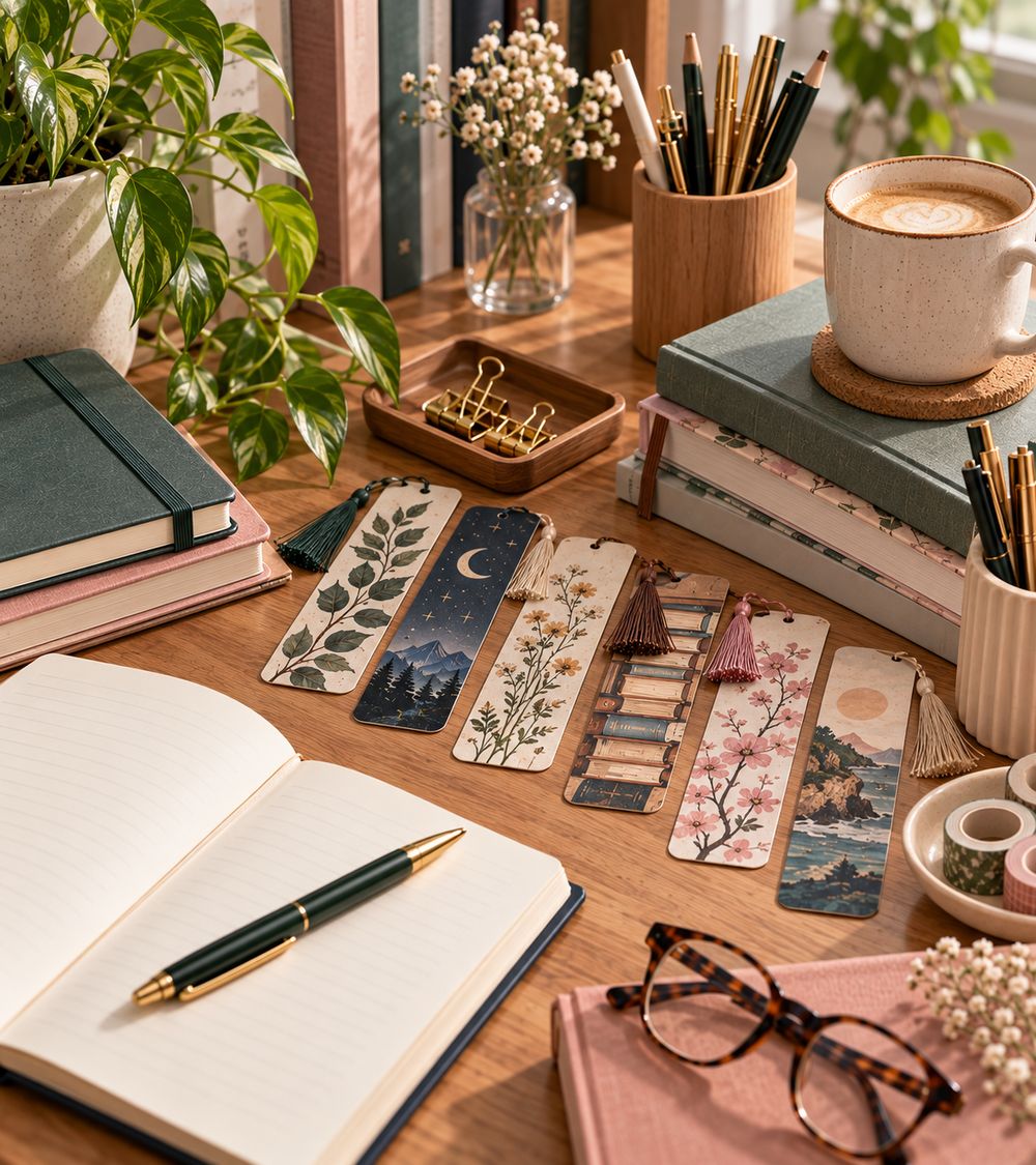 Marcapáginas, libreta y gafas de lectura