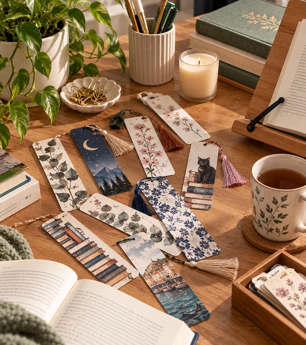 Marcapáginas surtidos junto a una taza de té
