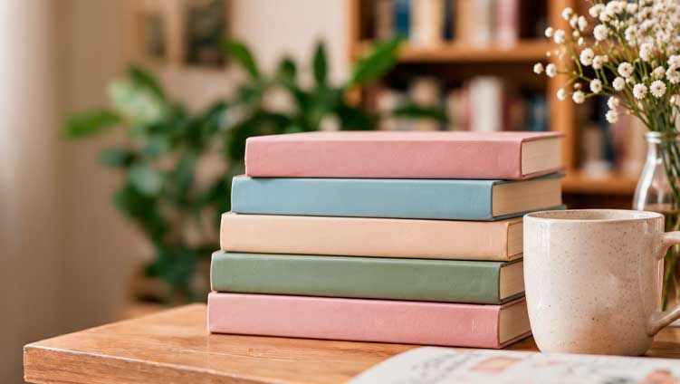 Pila de libros junto a una taza