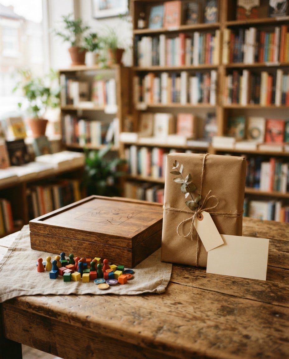 Juego de mesa de madera y libro envuelto como regalo original