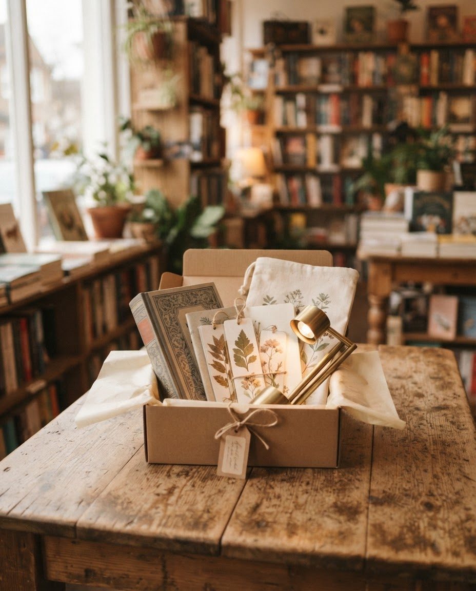 Caja regalo de librería con libro, cuaderno y marcapáginas sobre una mesa de madera